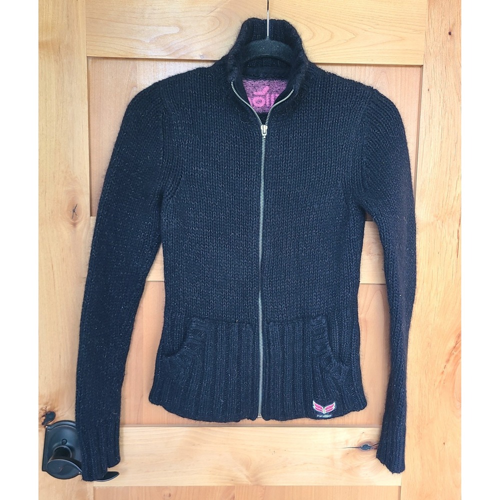 Nollie Black Angora Lambs Wool Blend LARGE Knit Full Zip Sweater Cozy Soft L